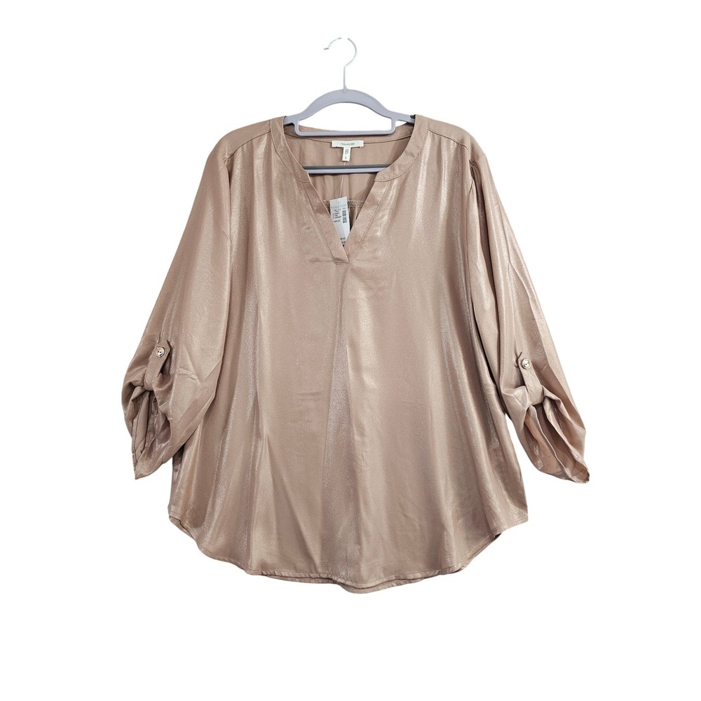 Maurices Blouse Womens Large Rose Gold Solid Metallic Shimmer Roll Tab V-Neck NW